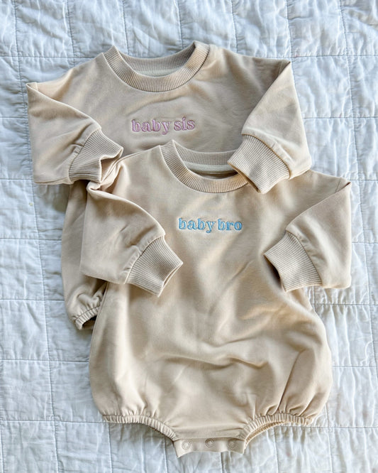 Baby Sis / Baby Bro – Embroidered Cream Bubble Romper | Pink or Blue Thread